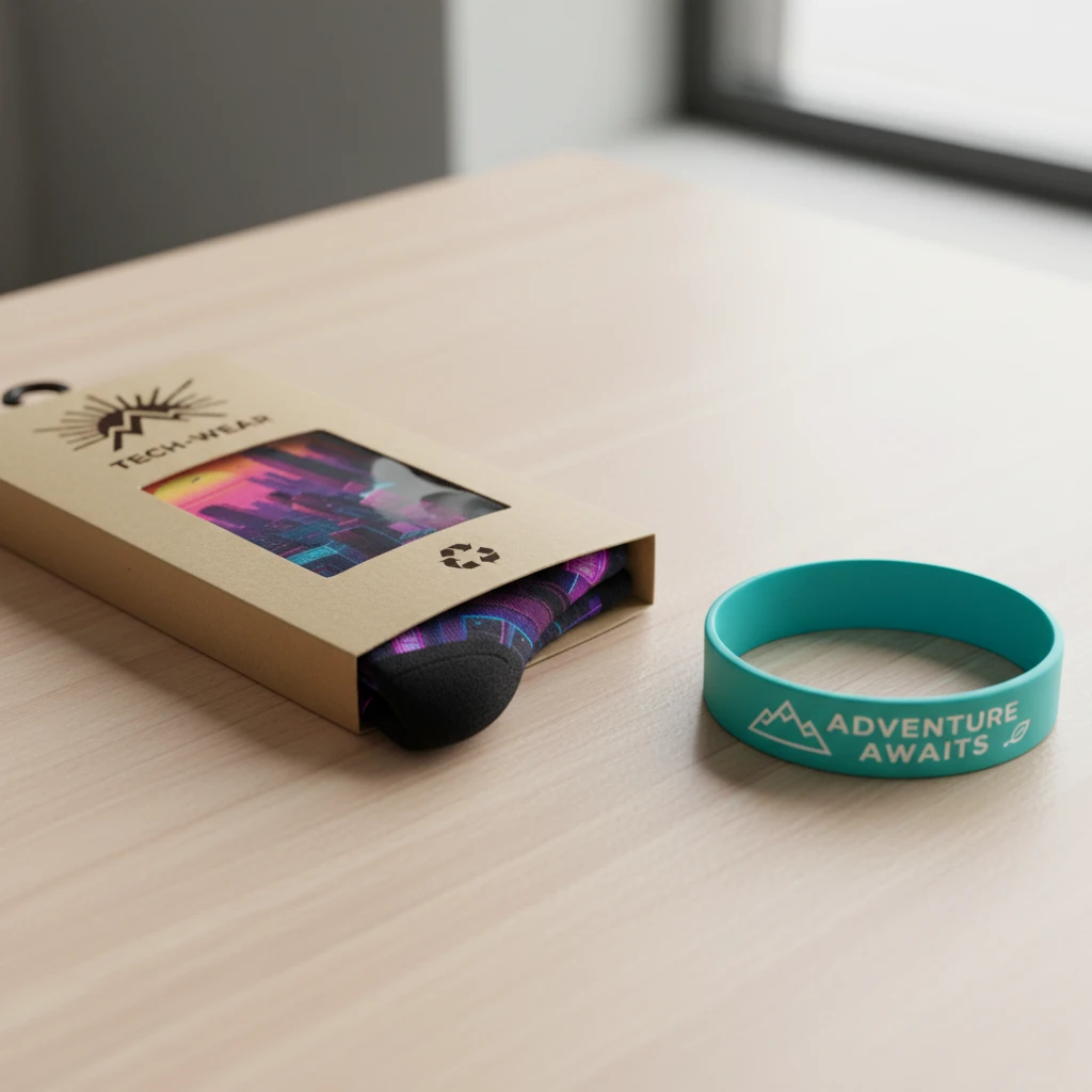 A close-up of custom sock packaging and a color-filled debossed wristband.