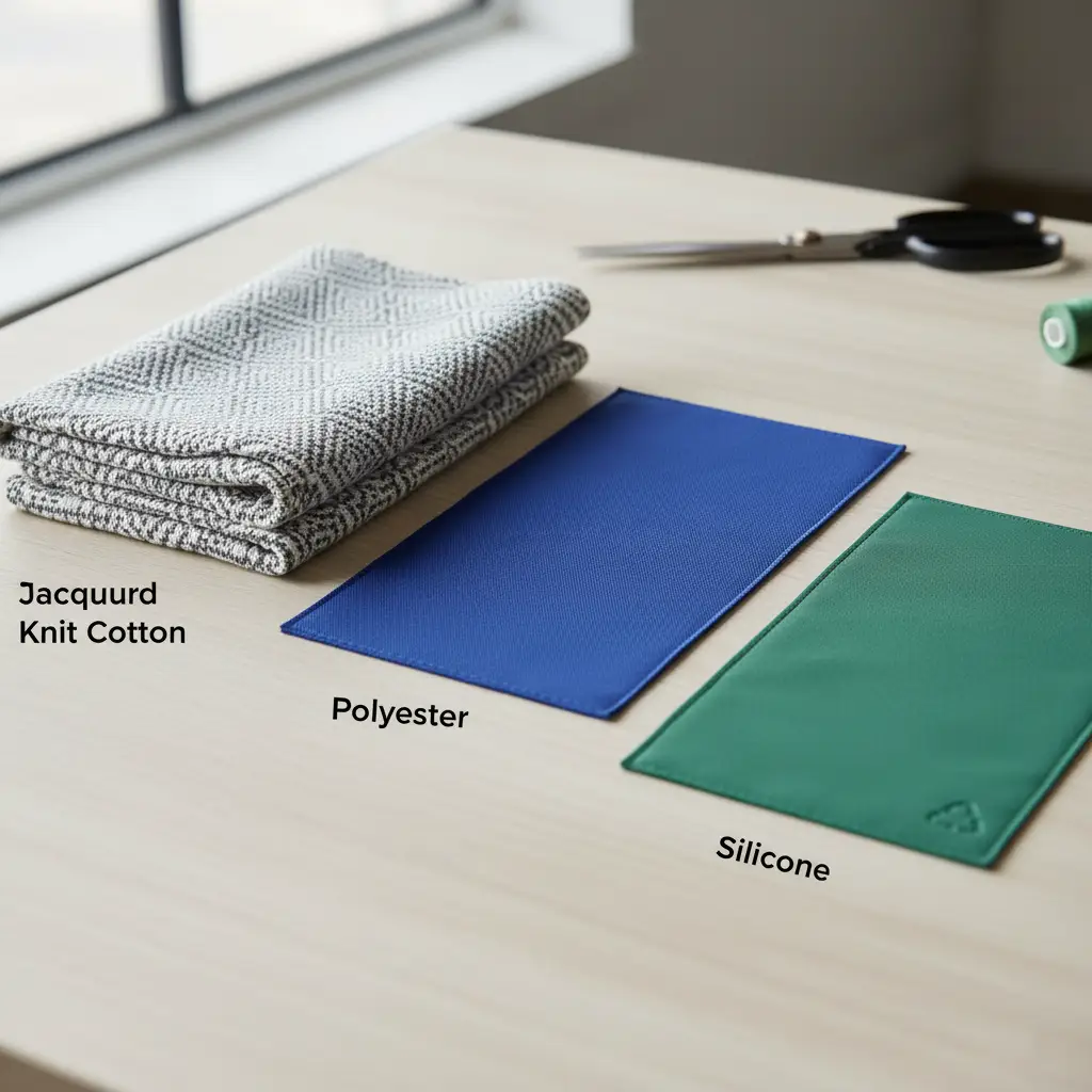 Swatches of accessory materials, including jacquard knit cotton, polyester, and silicone.