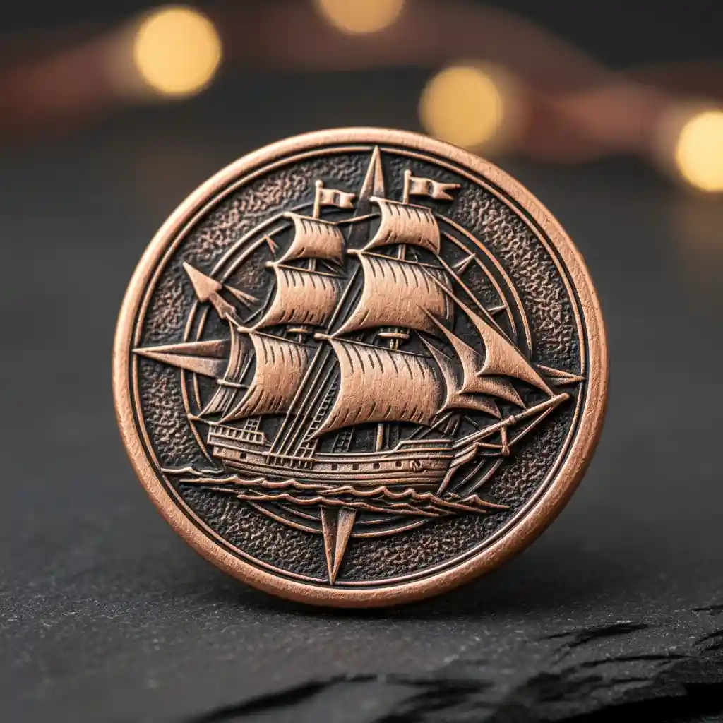 A close-up of a die-struck pin with antique copper plating, showing the dark recessed areas that highlight the design details.