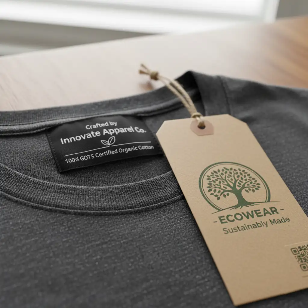 A close-up of custom garment finishing, showing a woven neck label and custom hang-tag.