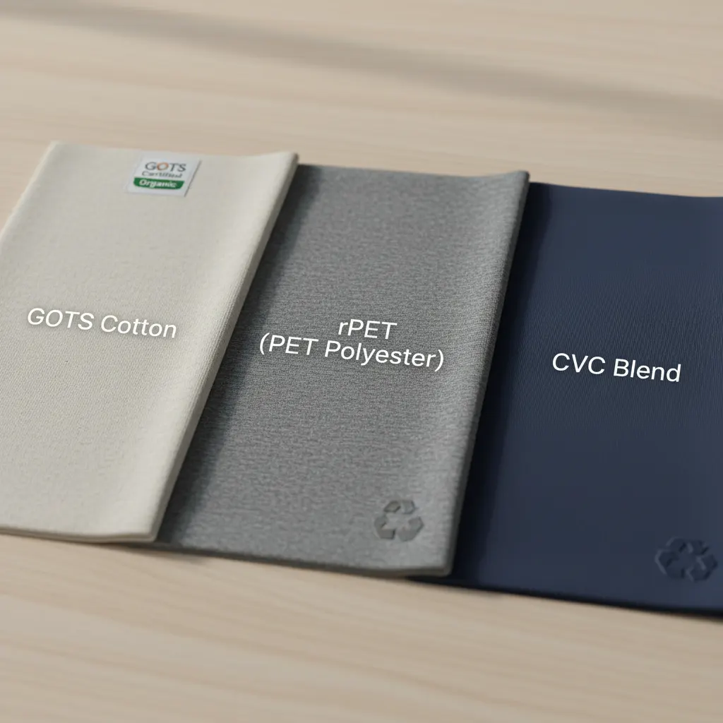 Swatches of different apparel fabrics, including GOTS cotton, rPET polyester, and CVC blends.