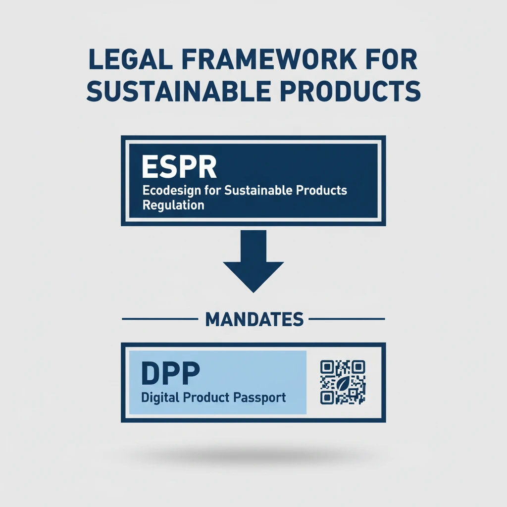A diagram showing that the ESPR (Ecodesign for Sustainable Products Regulation) is the legal framework that mandates the Digital Product Passport (DPP).