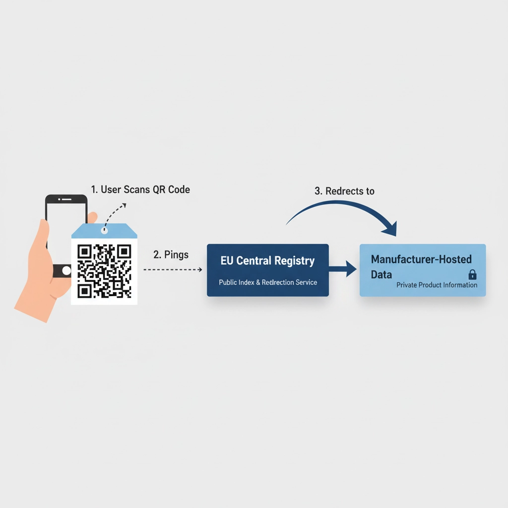 A diagram showing a user scanning a QR code, which pings the EU Central Registry, which then redirects to the private, manufacturer-hosted data.