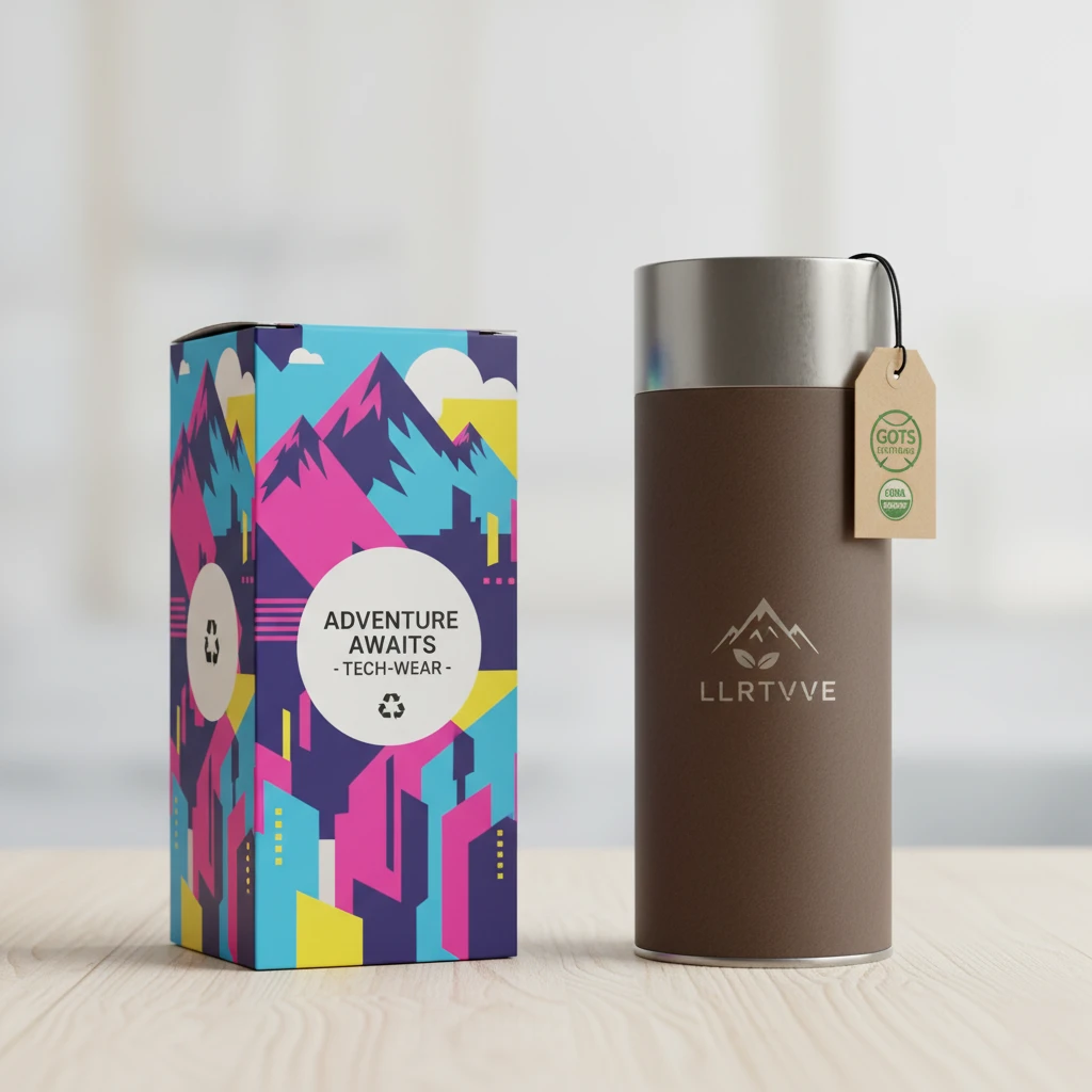 A custom-printed full-color retail box and a premium cylindrical gift tube for packaging promotional water bottles.