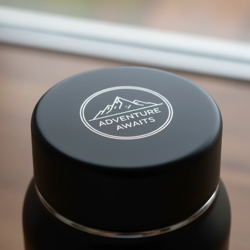 A close-up of a subtle, premium laser-engraved logo on the top of a stainless steel bottle lid.