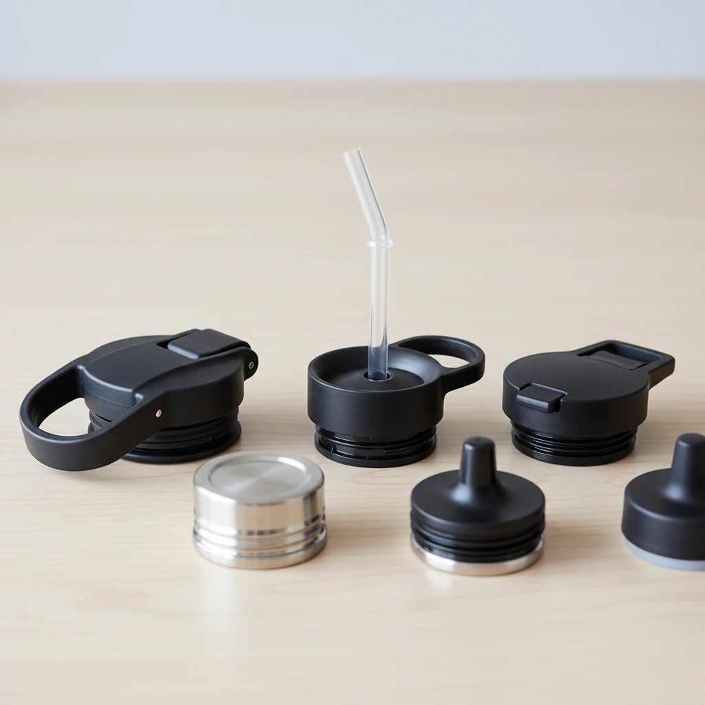 A collection of different lids for stainless steel bottles, including a straw lid, flip lid, and wide-mouth handle.