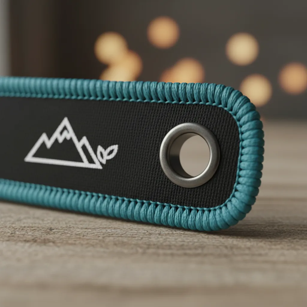 Close up of a merrowed border edge and a metal eyelet on a fabric keychain.