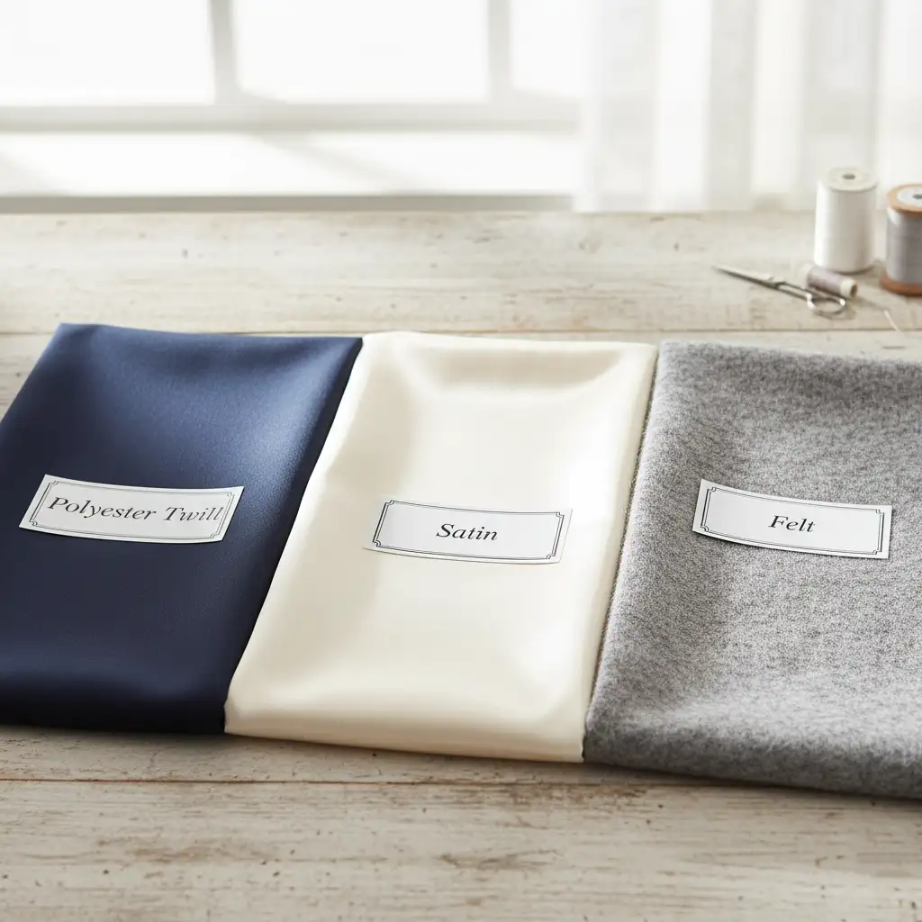 Swatches of different fabric keychain bases: Polyester Twill, Satin, and Felt.