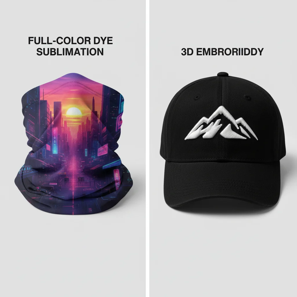 A comparison of full-color dye sublimation on a neck gaiter and 3D embroidery on a baseball cap.
