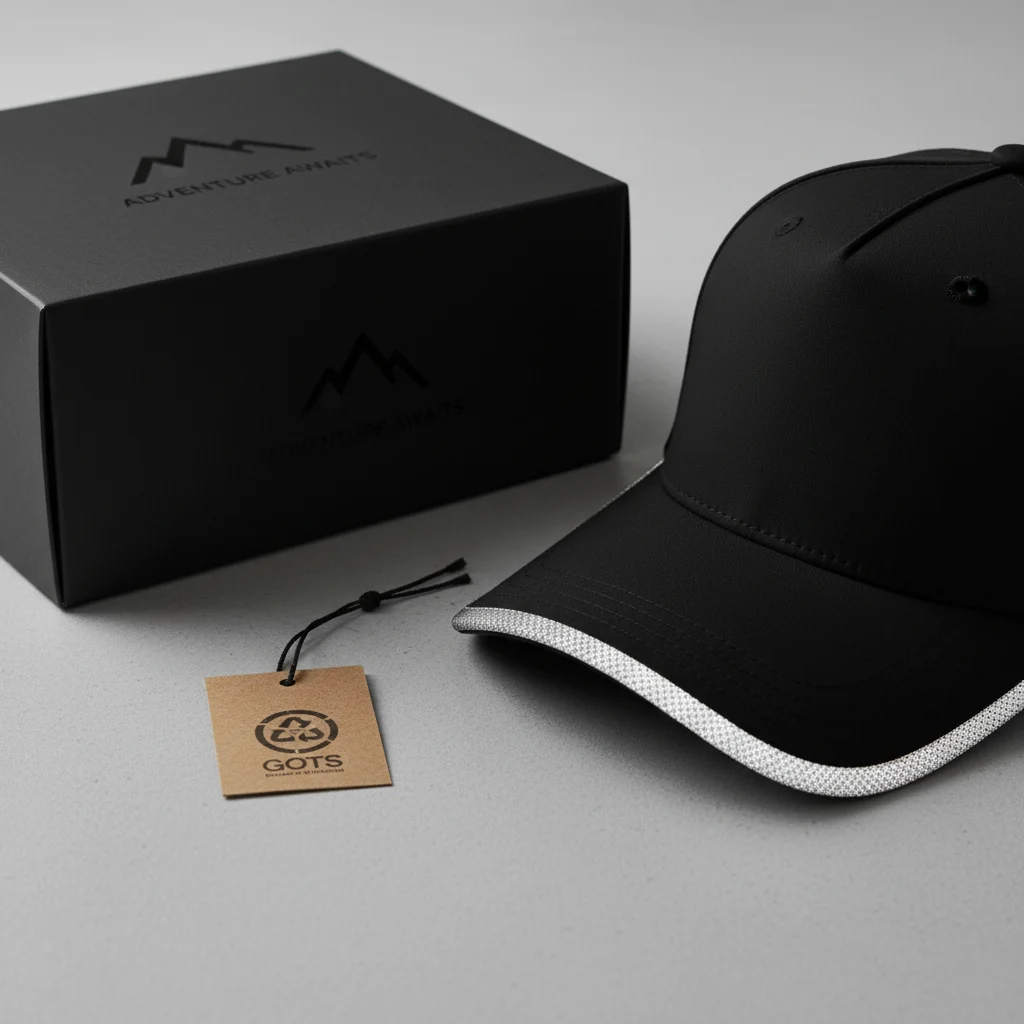 A close-up of custom headwear finishing touches, including a reflective strip and custom packaging.