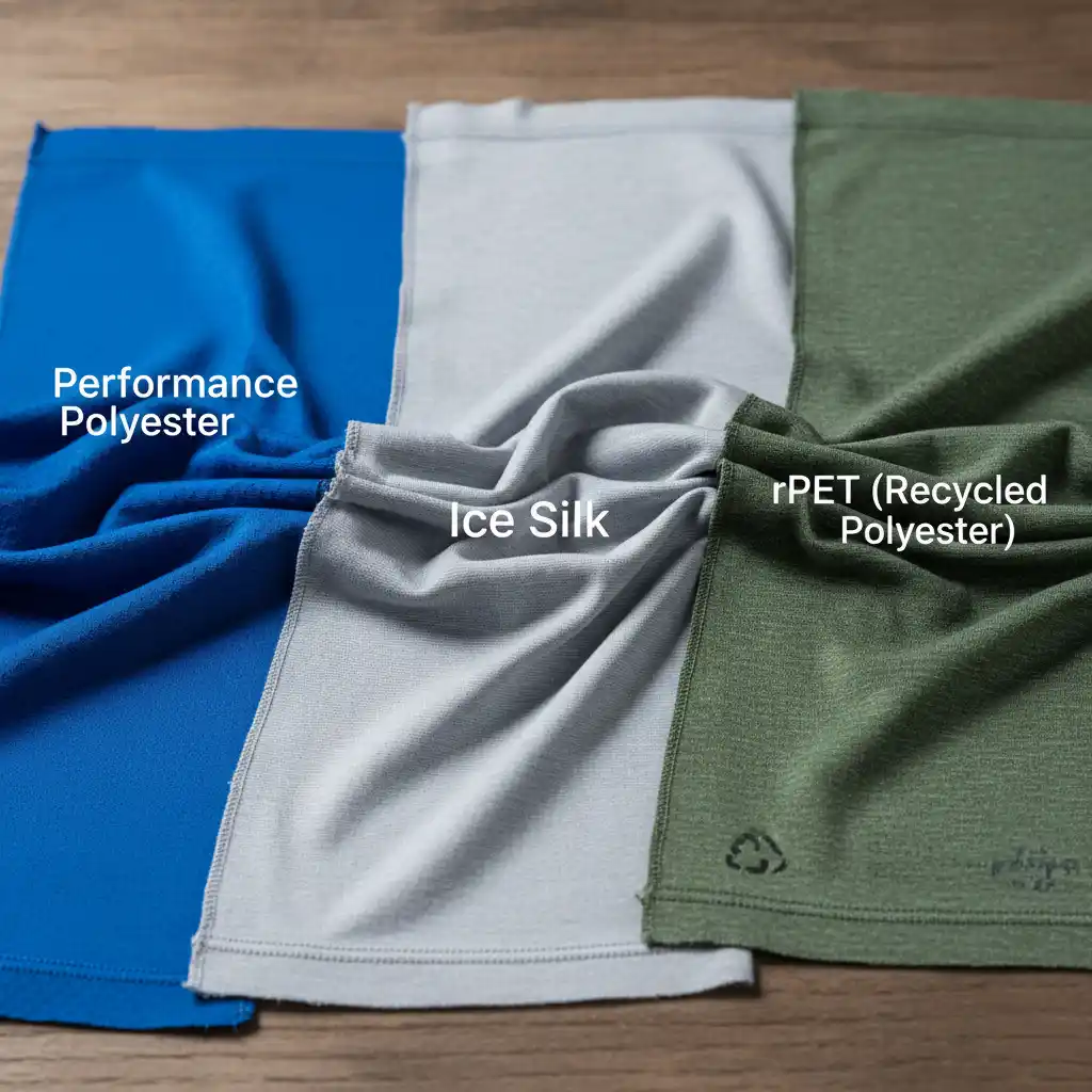 A swatch of different headwear fabrics, including performance polyester, ice silk, and rPET.