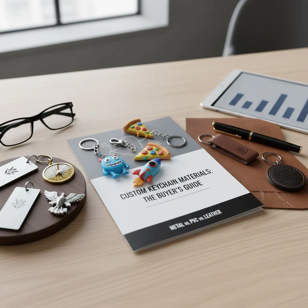 A swatch of different keychain materials including zinc alloy metal, 3D PVC, and leather.