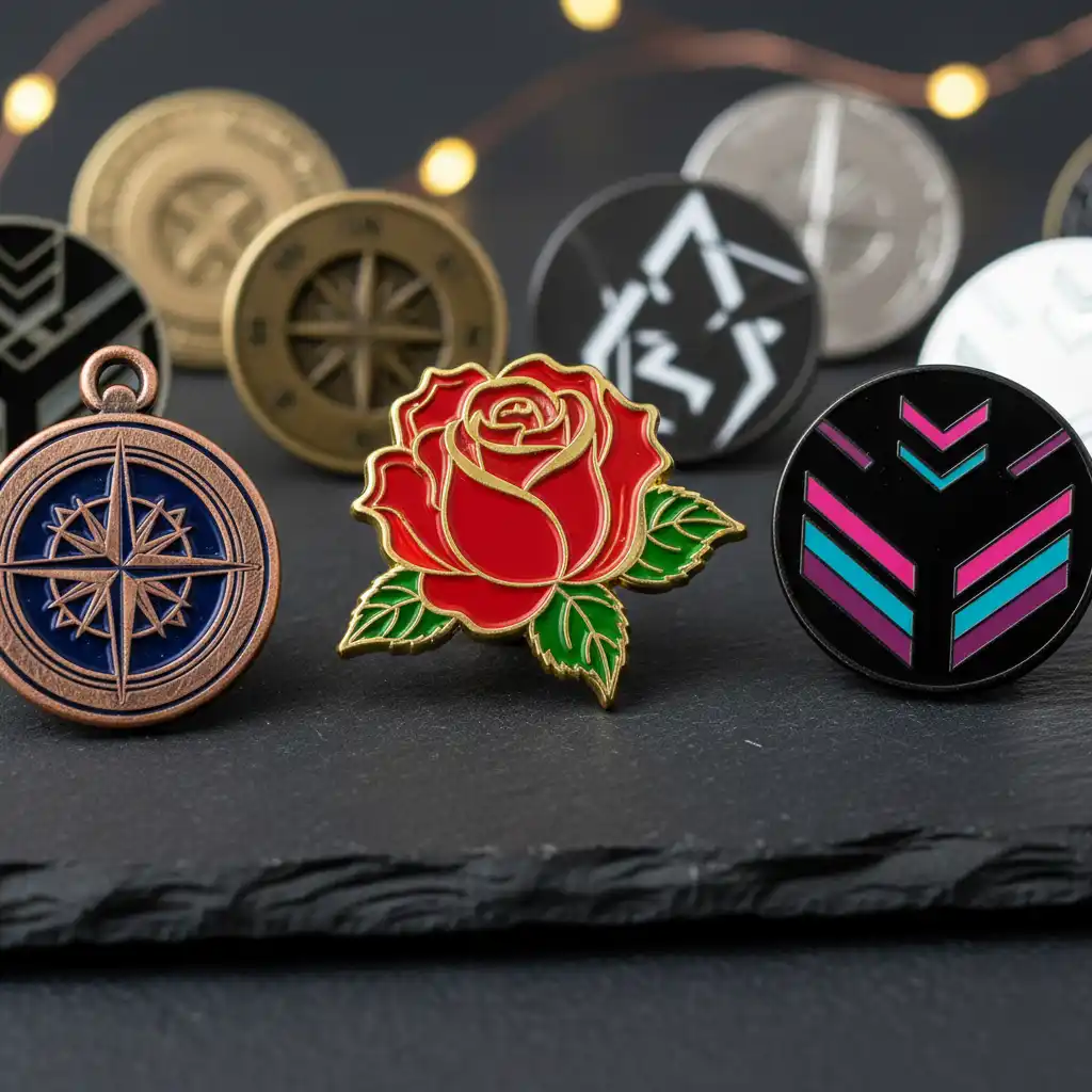 A collection of custom pins showing different metal plating finishes like antique copper, polished gold, and matte black dye.