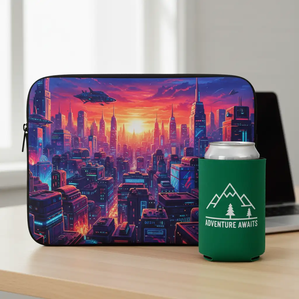 A comparison of a full-color sublimated neoprene laptop sleeve next to a screen-printed can cooler.