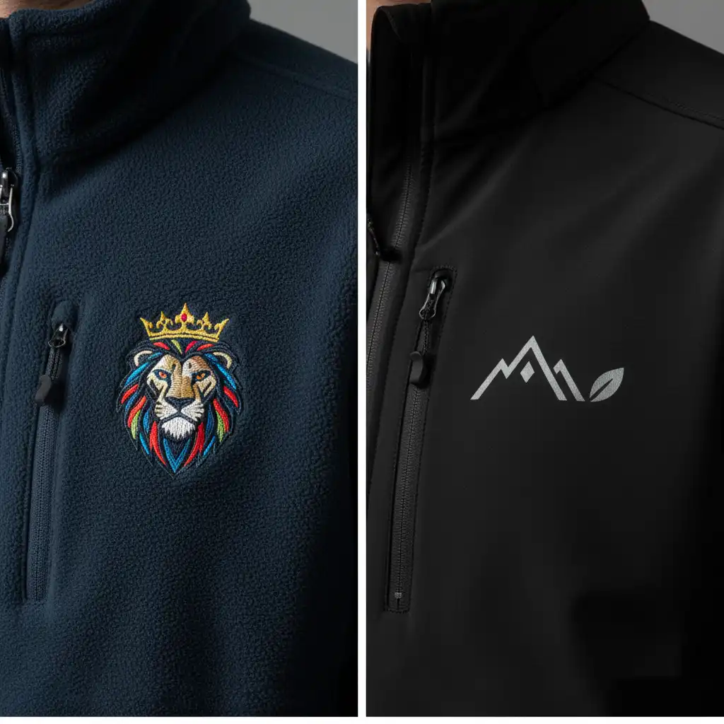 A close-up of a crisp screen printed logo on a windbreaker chest.