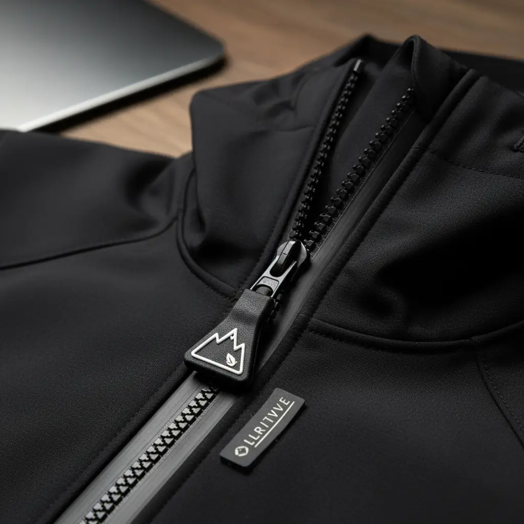 A close-up of custom jacket finishing, showing a durable YKK zipper and a custom zipper pull.