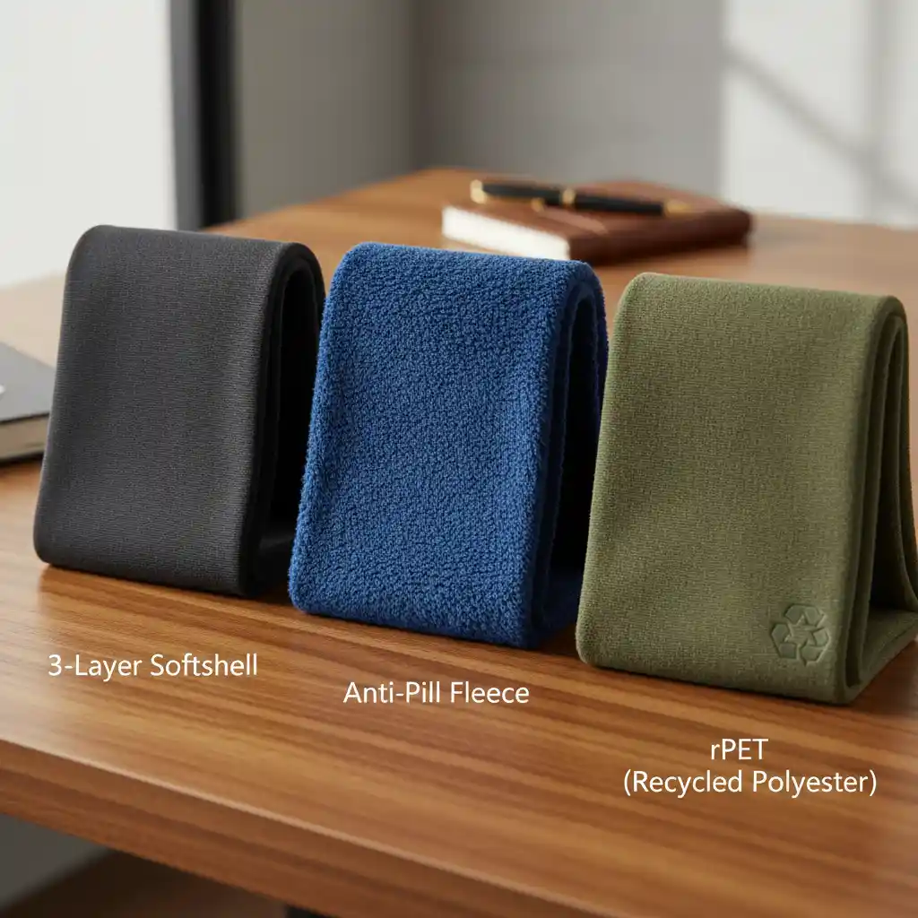 Swatches of different technical outerwear fabrics, including 3-layer softshell, anti-pill fleece, and rPET polyester.