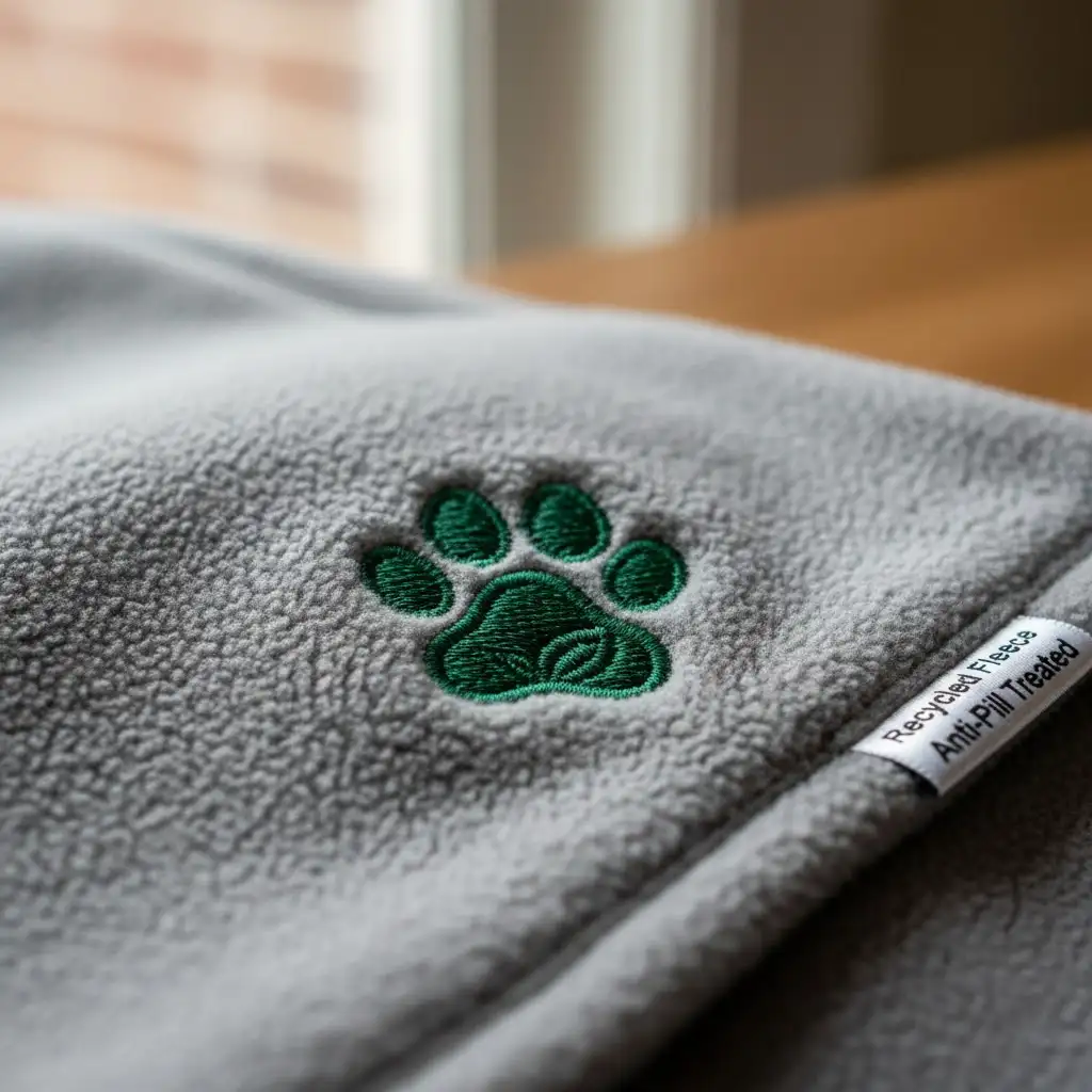 A close-up of a recycled fleece pet blanket showing anti-pill treatment and an elegant embroidered logo.