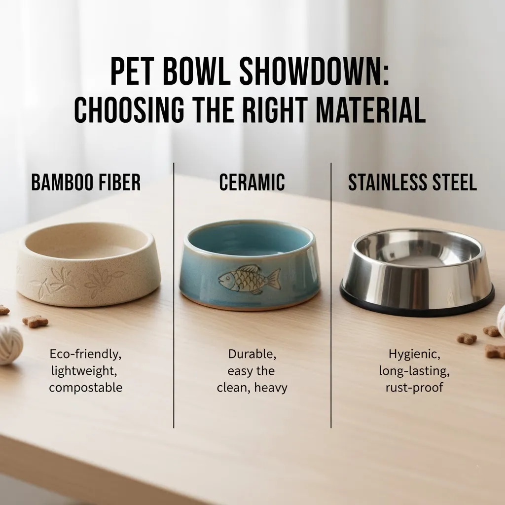 A comparison of pet bowls in bamboo fiber, ceramic, and stainless steel, highlighting different base materials.