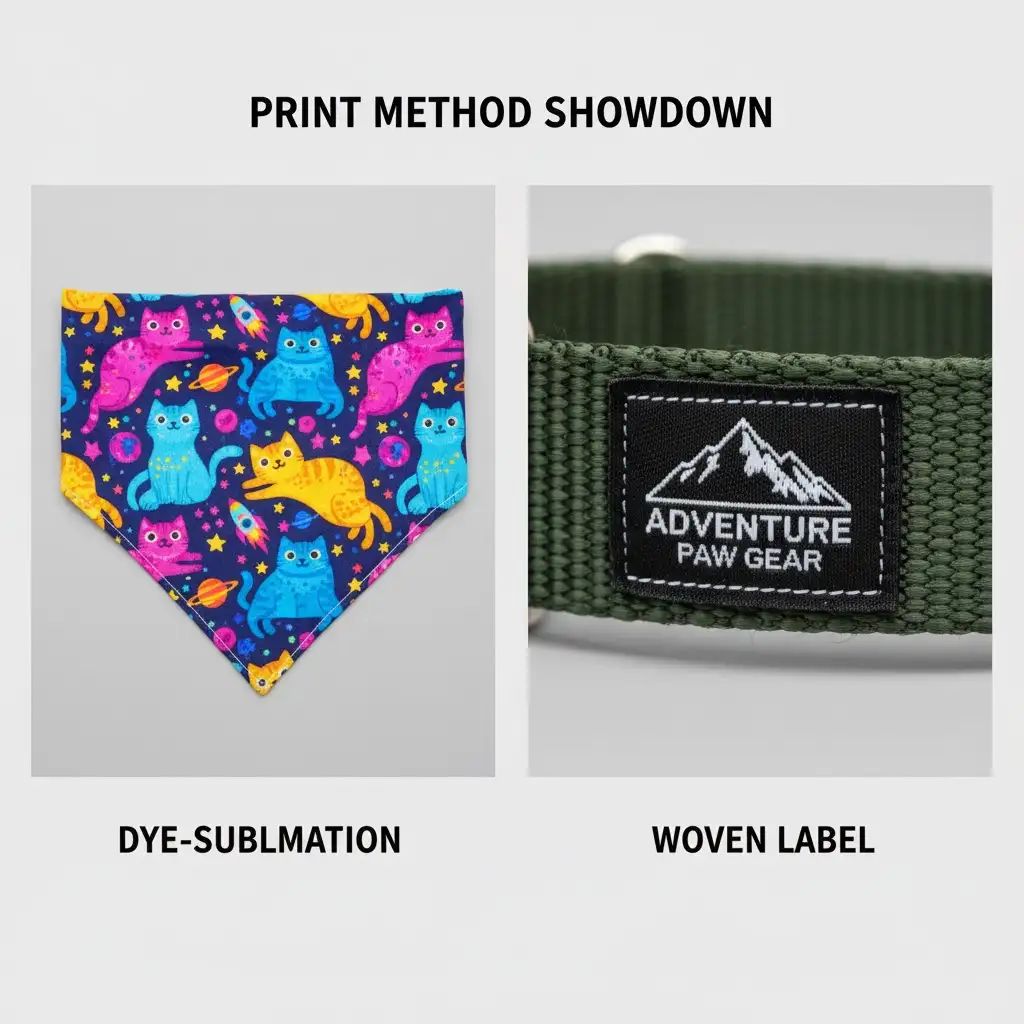 A comparison of dye-sublimation on a pet bandana and a custom woven label on a dog collar.