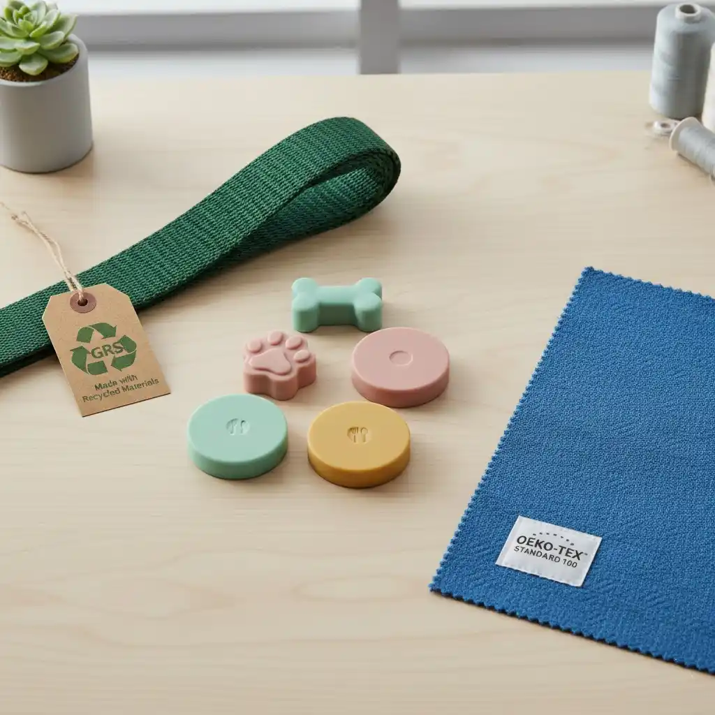 Swatches of pet product materials, including GRS-certified rPET webbing, food-grade silicone, and OEKO-TEX polyester.