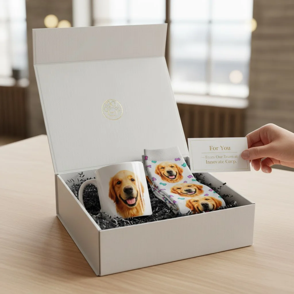 A high-end gift box containing a custom pet photo mug and a pair of matching socks, ready for corporate gifting.