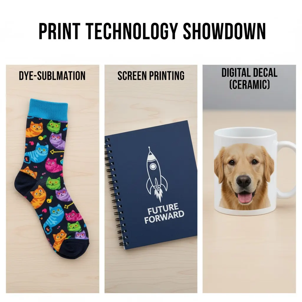 A comparison of dye-sublimation on a sock, screen printing on a notebook, and digital decal on a ceramic mug.