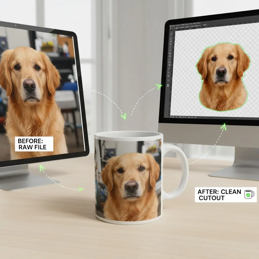 A mock-up showing a pet photo being optimized from a raw file to a clean cutout for printing on a mug.