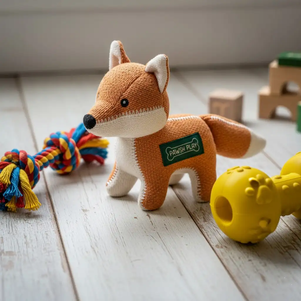 A set of custom dog toys showing different textures and durability features, including reinforced stitching and a woven logo label.