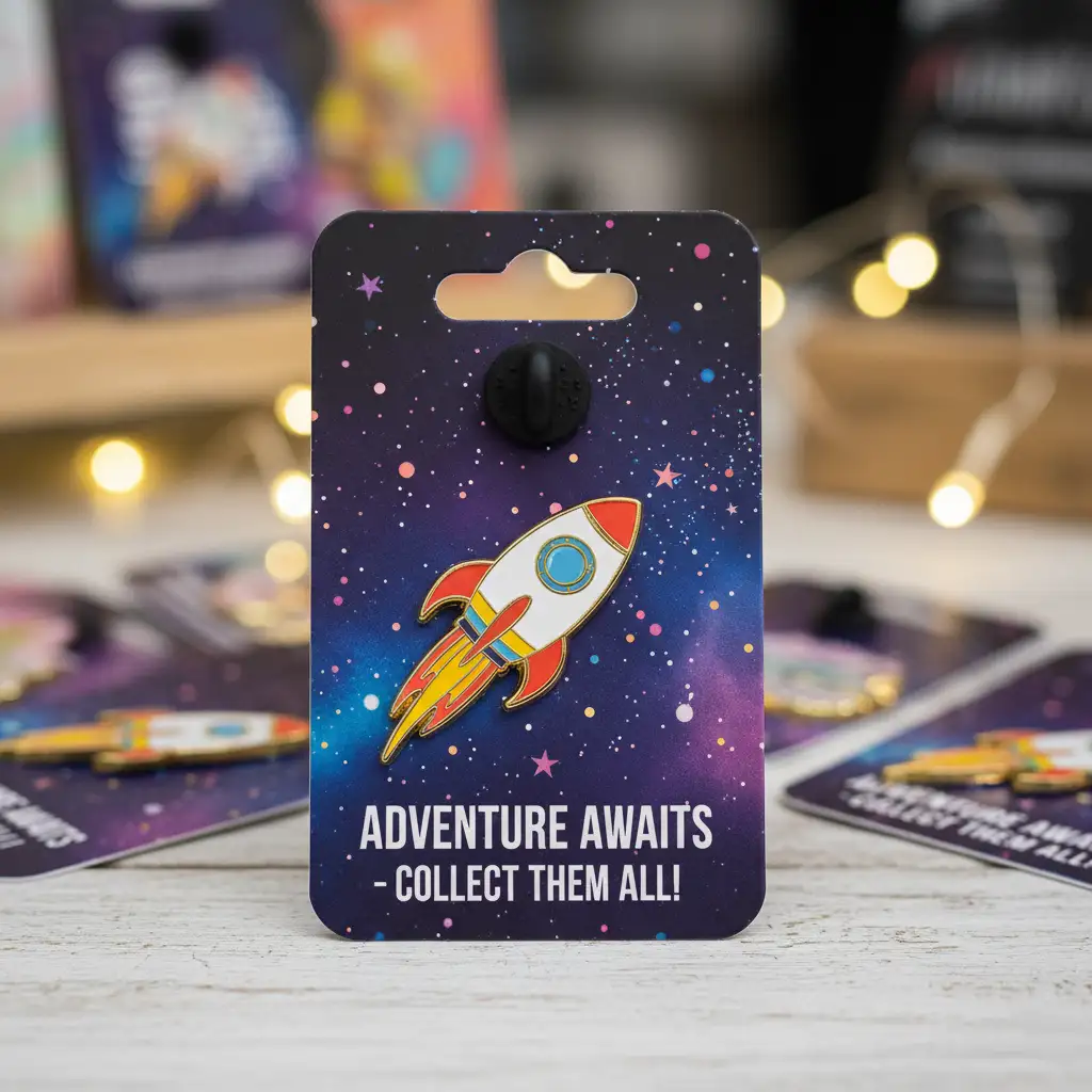 A custom pin secured with a rubber clutch on a custom-printed backing card, ready for retail.