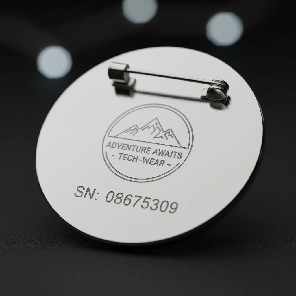 A close-up of the back of a metal pin showing a laser-engraved serial number and a custom backstamp logo.