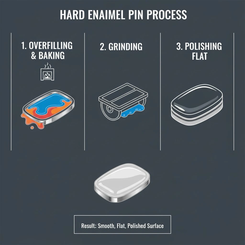 A diagram showing the hard enamel process: overfilling with enamel, baking at high temp, and polishing flat.