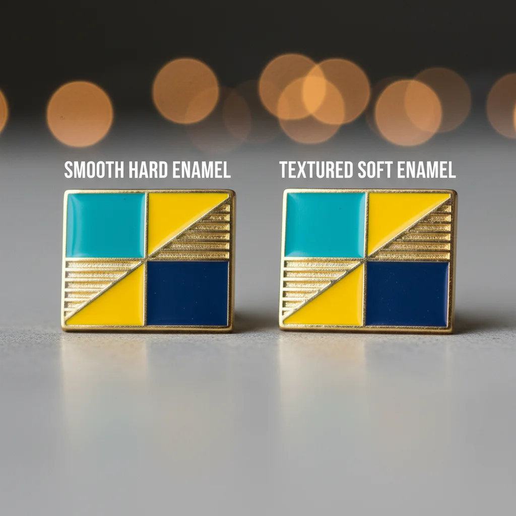 A side-by-side comparison of a smooth hard enamel pin and a textured soft enamel pin.