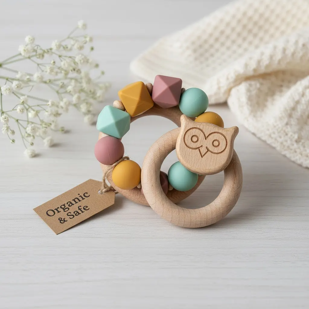 A premium baby teether that uses a 'hybrid' design, combining natural, organic wood rings with food-grade silicone beads.