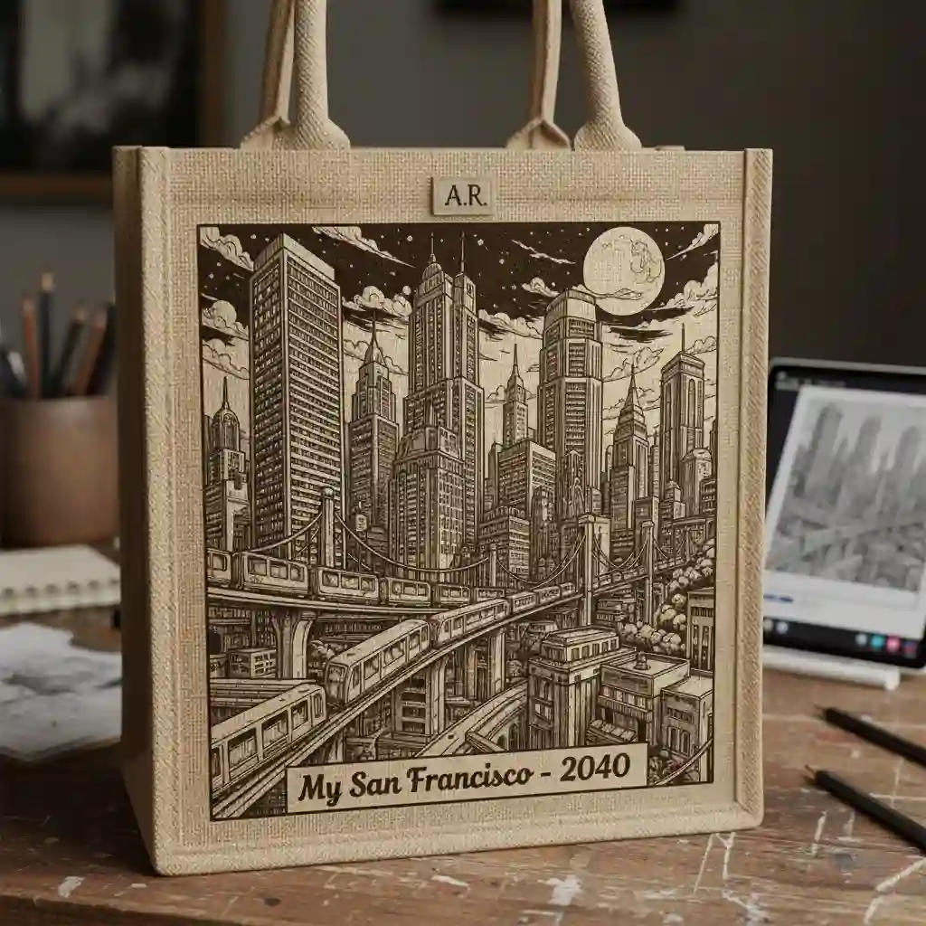 A jute bag featuring a high-detail custom illustration of a cityscape, demonstrating hyper-personalization.
