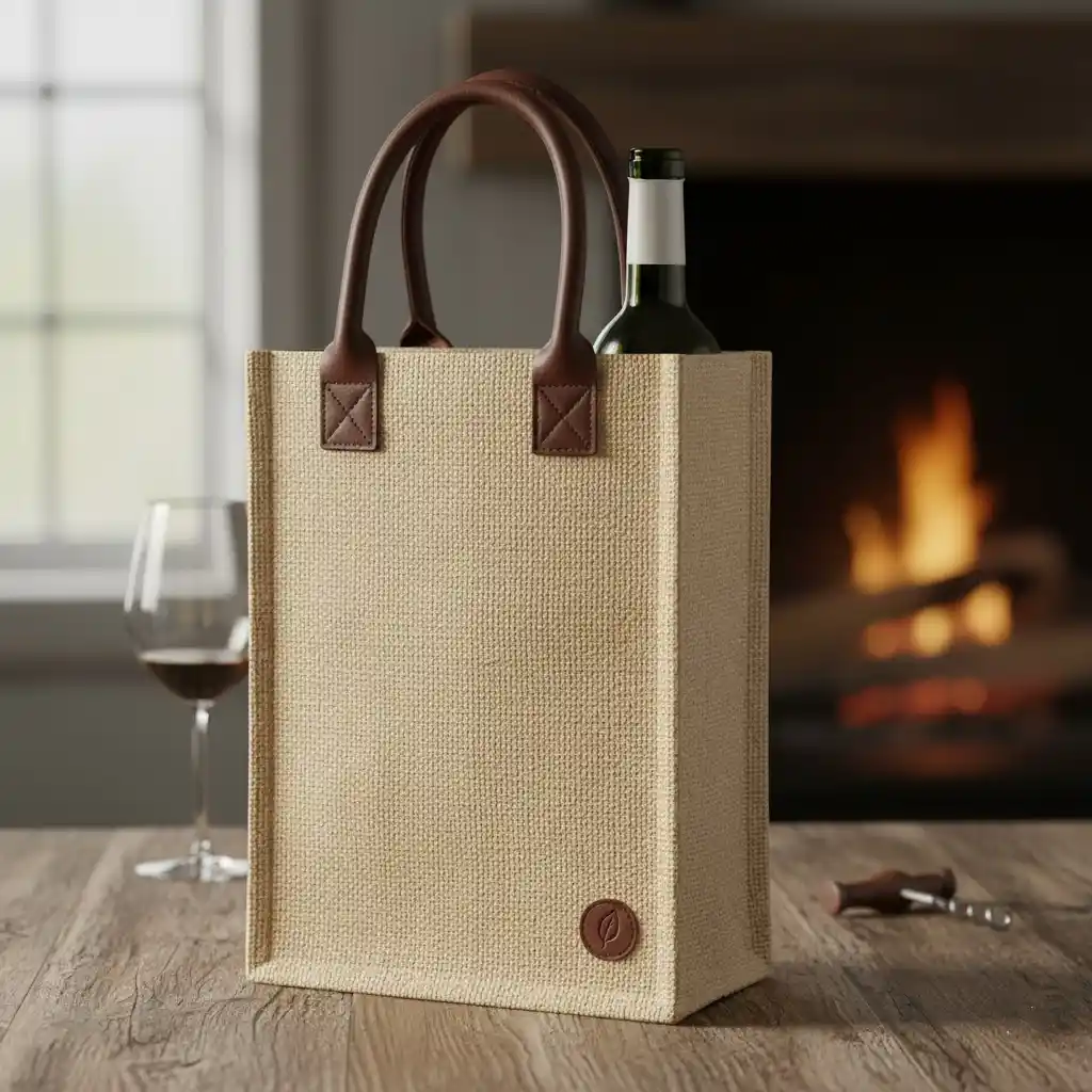 An elegant natural jute wine bag featuring sophisticated dark vegan leather handles and a subtle debossed logo.