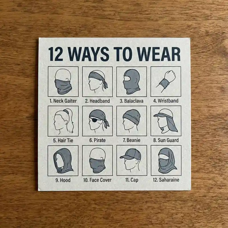 A custom printed paper insert card showing 12 ways to wear the product.