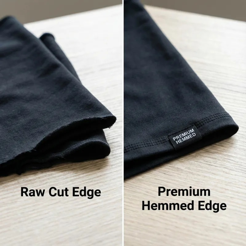 Comparison of a raw cut edge versus a premium hemmed edge on a neck gaiter.