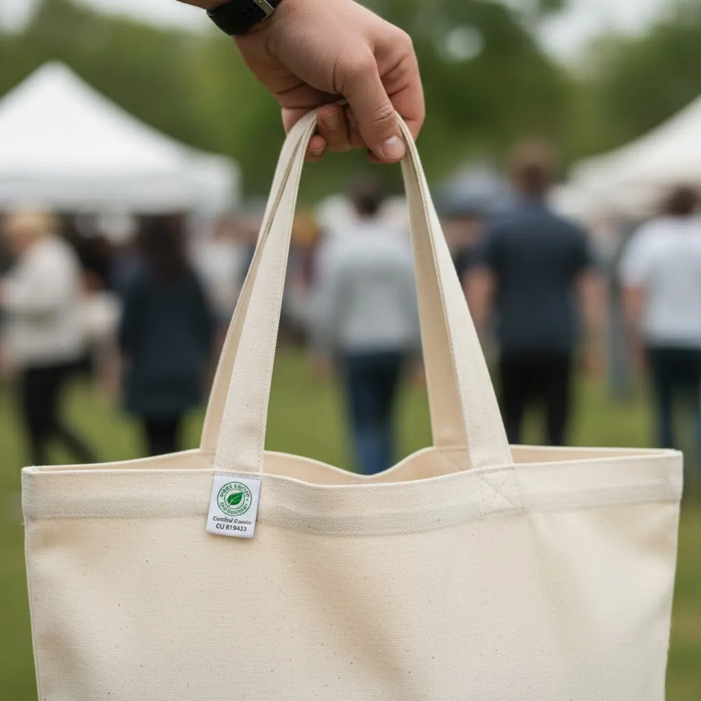 A person holding a premium, heavy-duty organic cotton tote bag with a visible GOTS certified label on the seam.