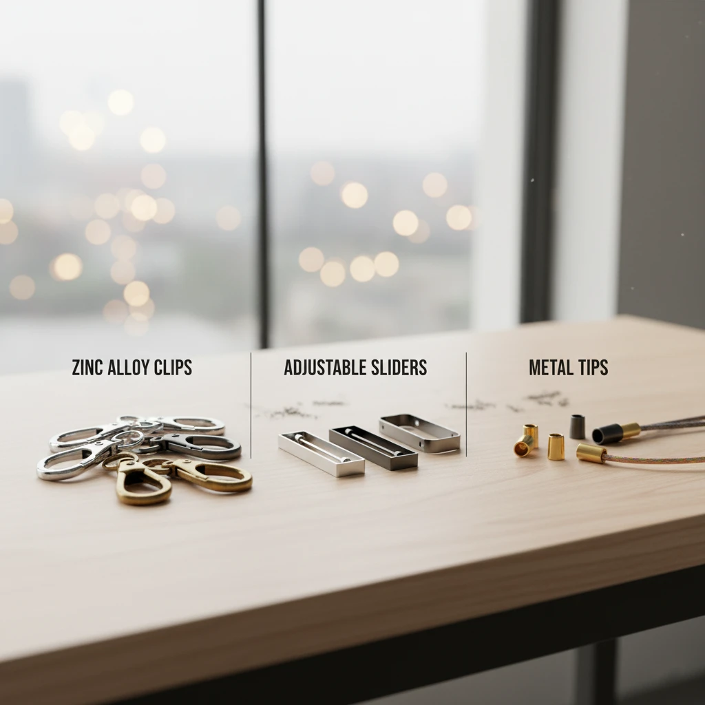 Various metal hardware options for phone lanyards: zinc alloy clips, adjustable sliders, and metal tips.
