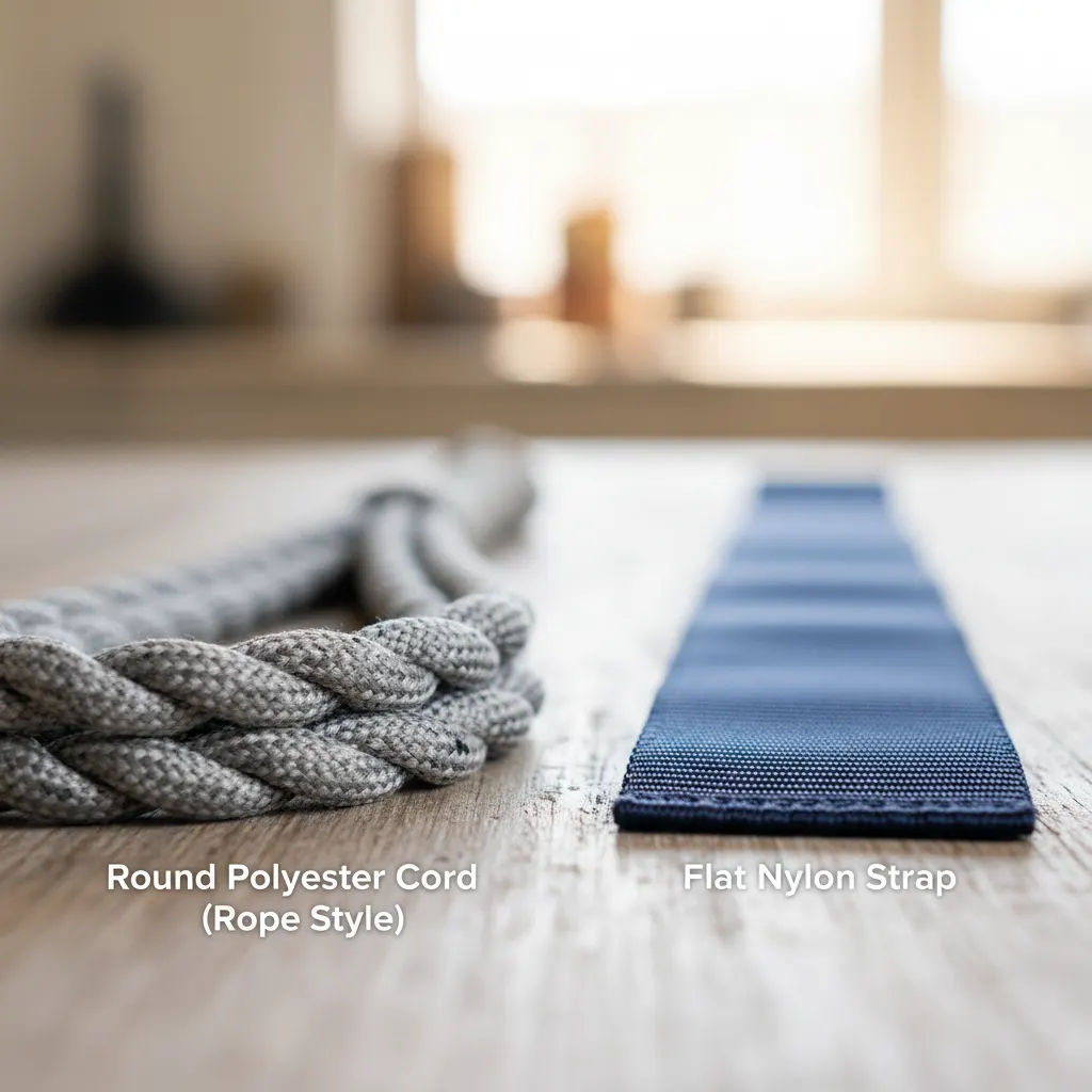 Comparison of round polyester cord (rope style) and flat nylon strap.