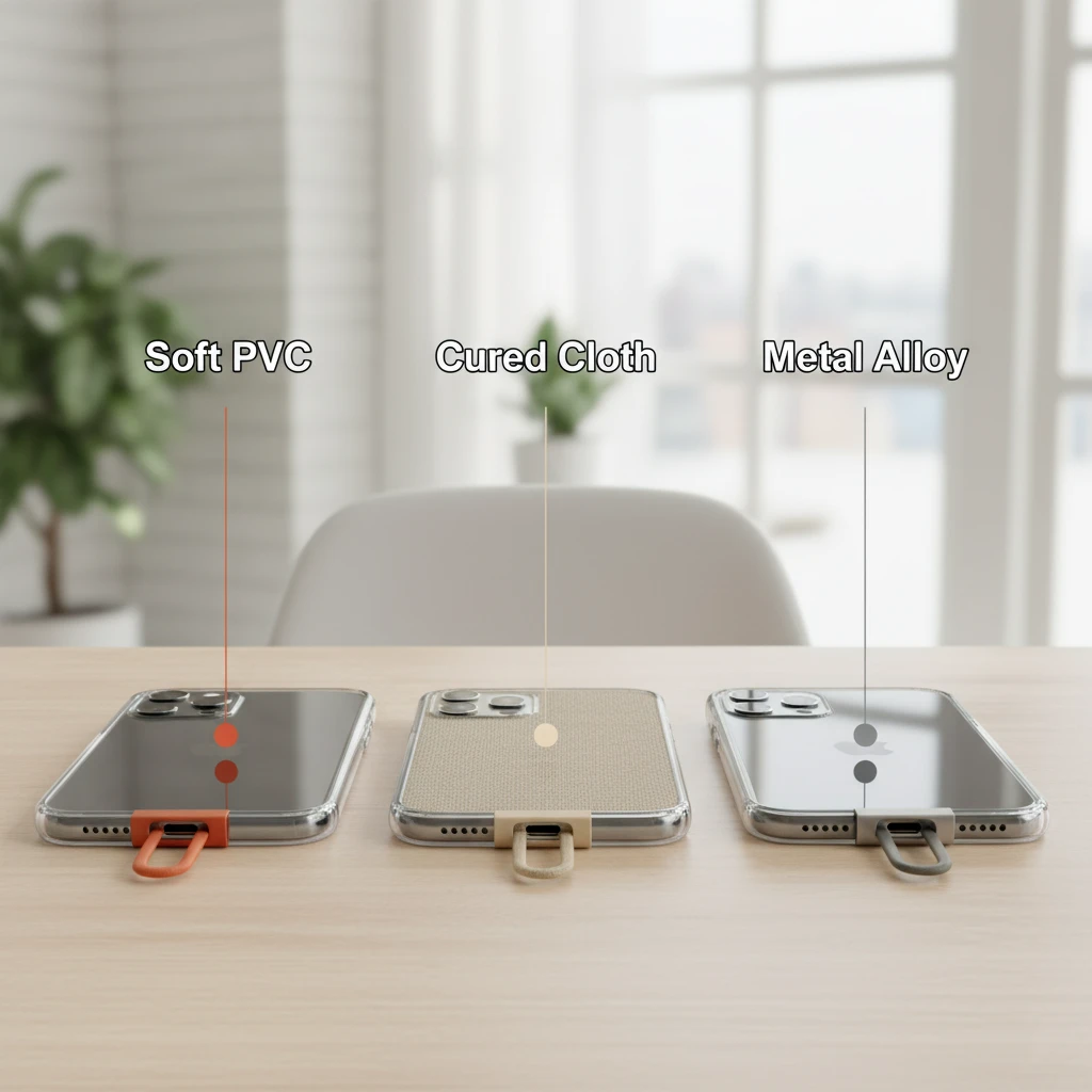 Universal phone tabs in PVC, Cured Cloth, and Metal, showing how they fit into a phone case.