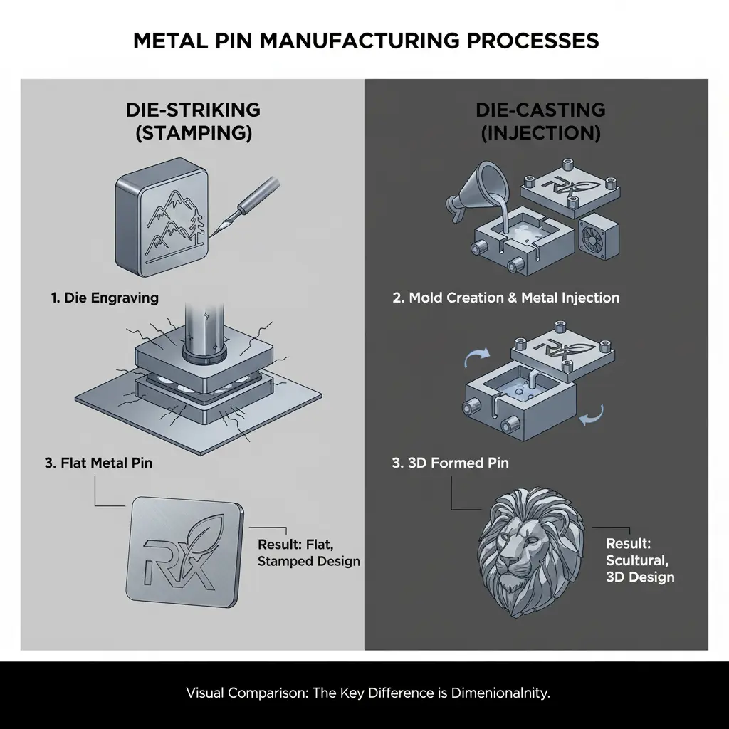 A diagram illustrating the difference between the flat stamping process of die striking and the 3D injection process of die casting for metal pins.