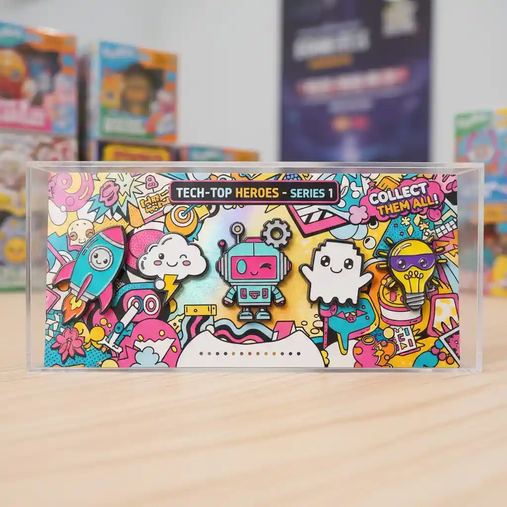 A series of five collectible lapel pins displayed as a set, featuring unique character designs for a 'Pop Mart' style launch.
