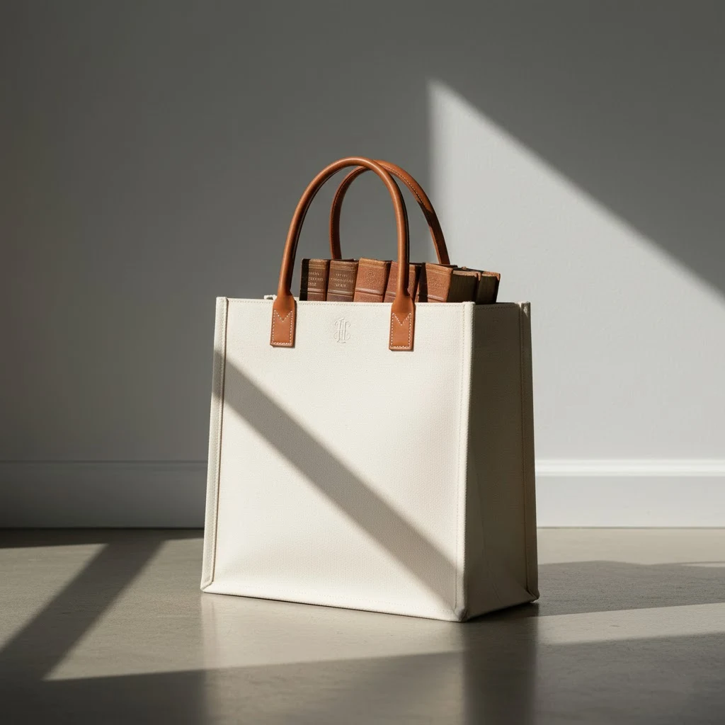 A minimalist, structured canvas book tote with premium leather handles and a subtle embroidered monogram, embodying the quiet luxury trend.
