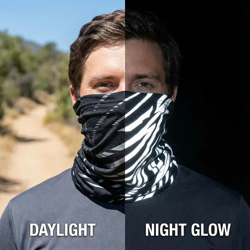 A comparison of a reflective gaiter in daylight versus how it glows at night.