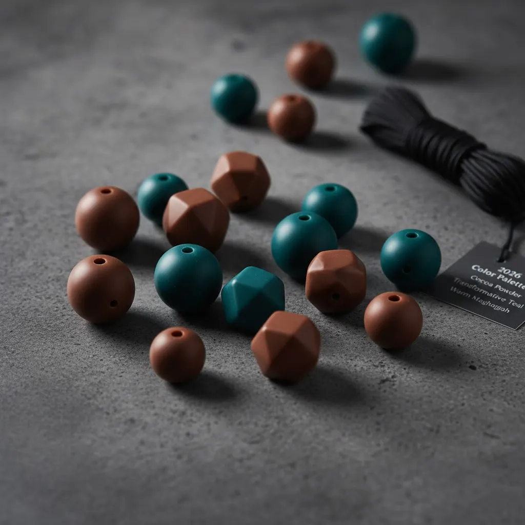 A flat-lay of silicone beads in a sophisticated, 'moody' 2026 color palette: 'Cocoa Powder' brown, 'Transformative Teal,' and 'Warm Mahogany' red.