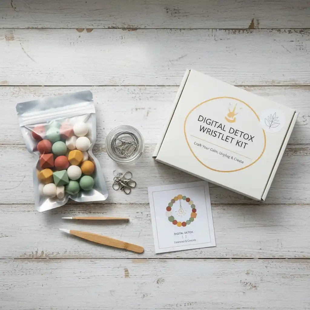 A curated DIY silicone bead kit for making a wristlet, marketed as a 'digital detox' experience with all components included.