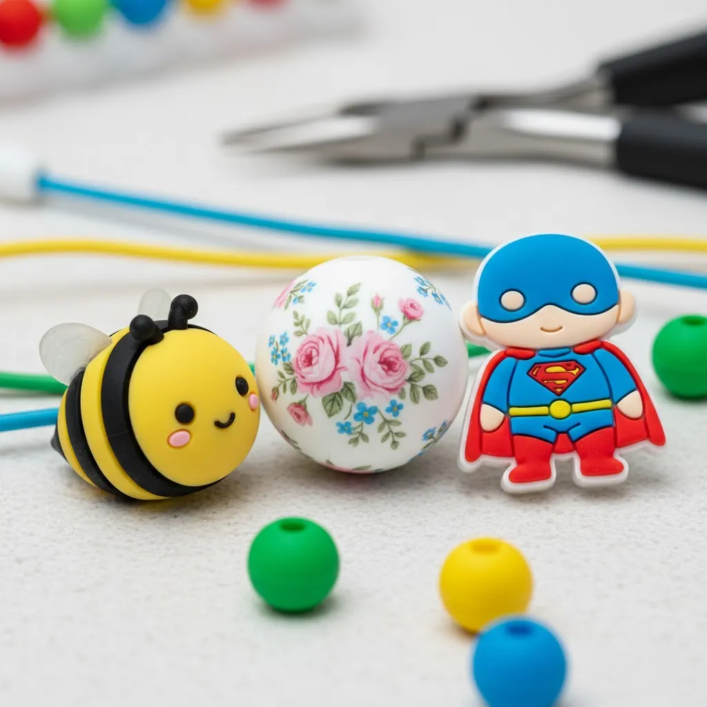 A close-up of various silicone 'focal beads,' including a detailed floral-print bead, a bee-shaped bead, and a superhero-themed character bead.