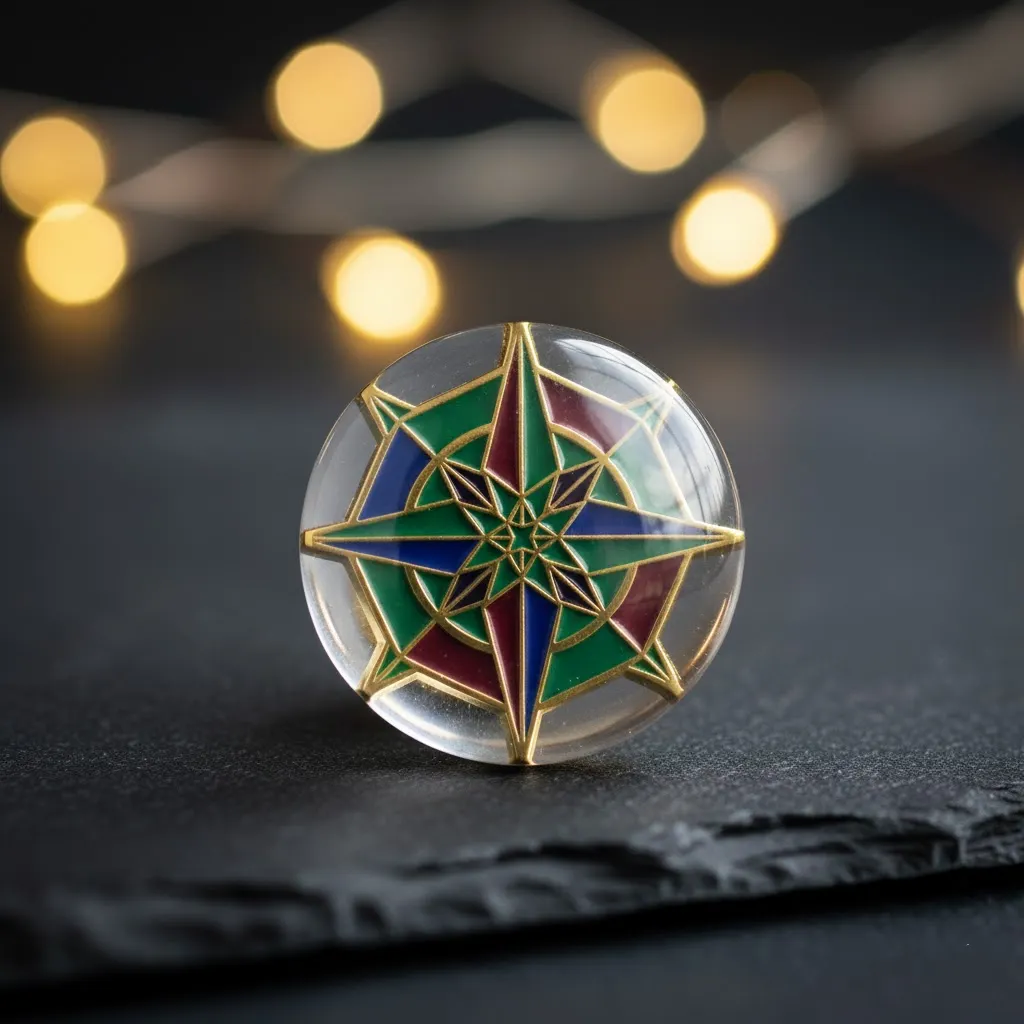 A close-up of a soft enamel pin with a smooth, glossy epoxy dome coating.